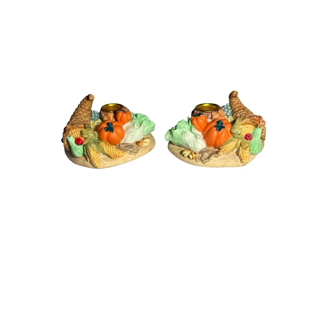 Pair of‎ Stoneware Thanksgiving Cornucopia Tapered Candle Holders